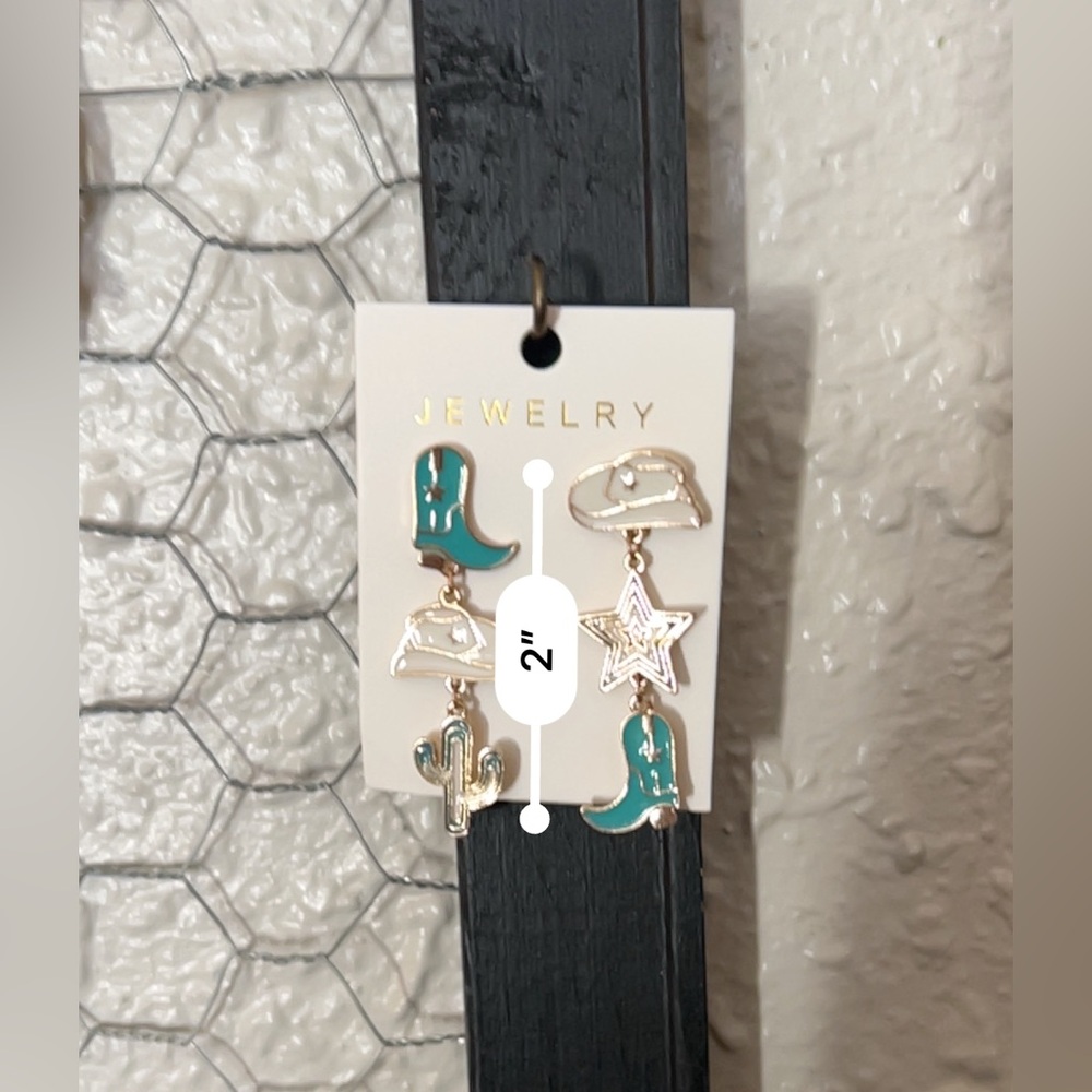 Gold, Turquoise and White Western Earrings With Boots, stars & Cowboy Hats